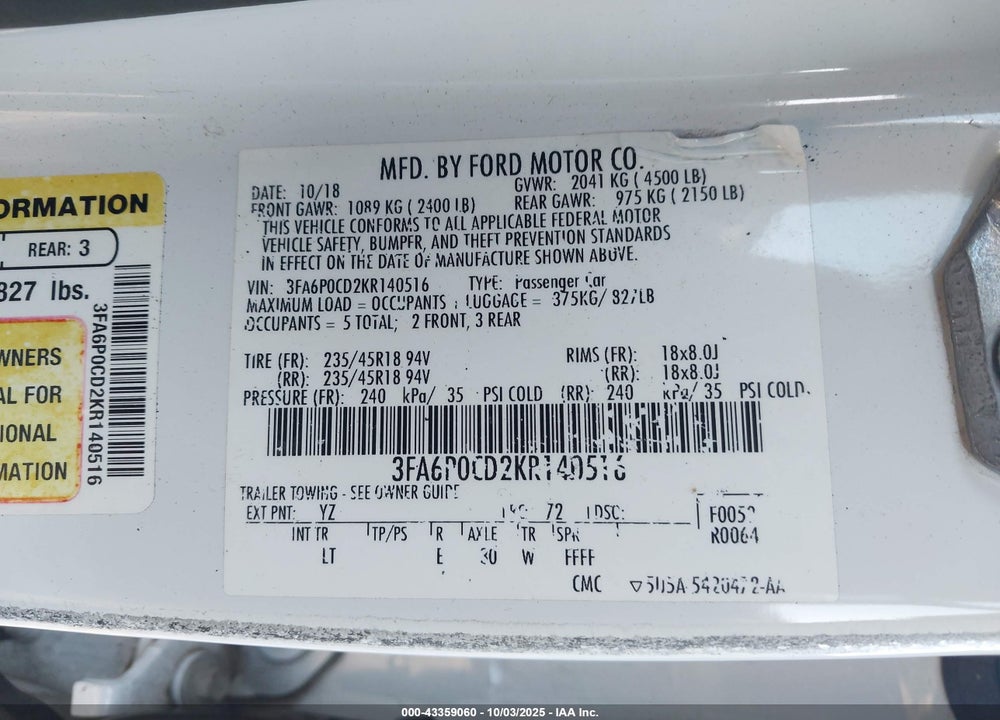 2019 FORD FUSION VIN: 3FA6P0CD2KR140516