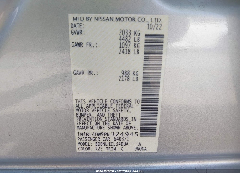 2023 NISSAN ALTIMA VIN: 1N4BL4DW9PN324945