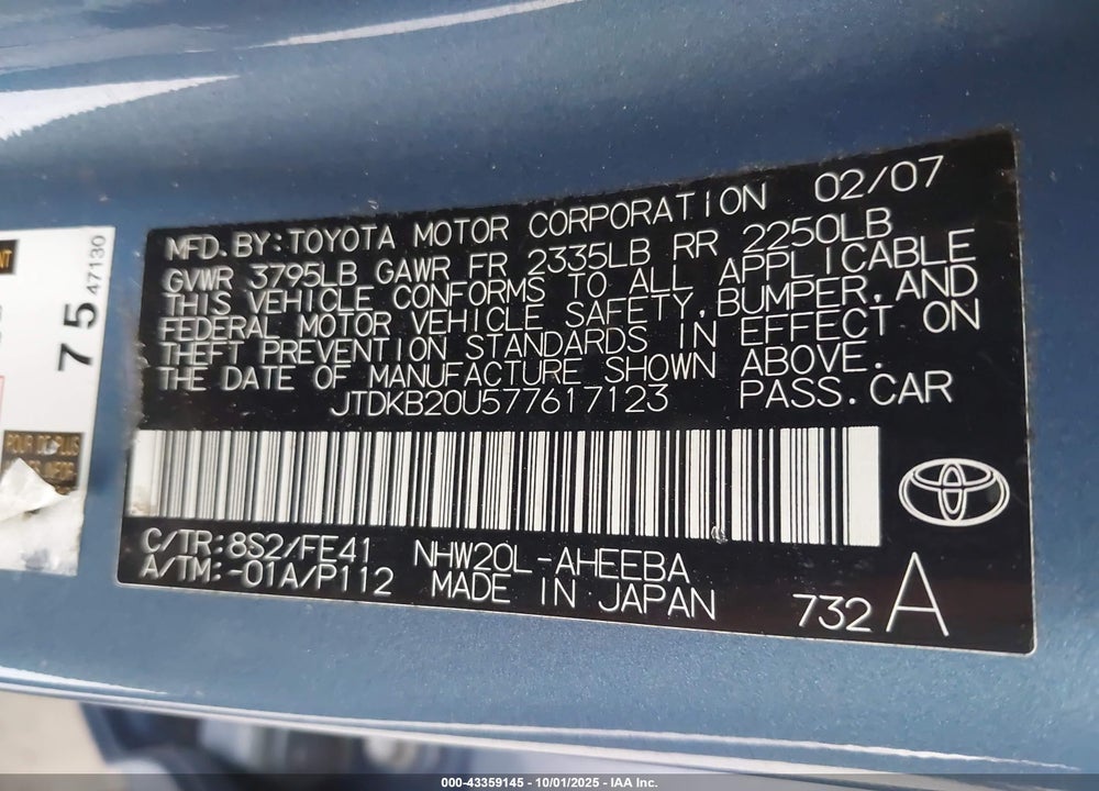 2007 TOYOTA PRIUS VIN: JTDKB20U577617123