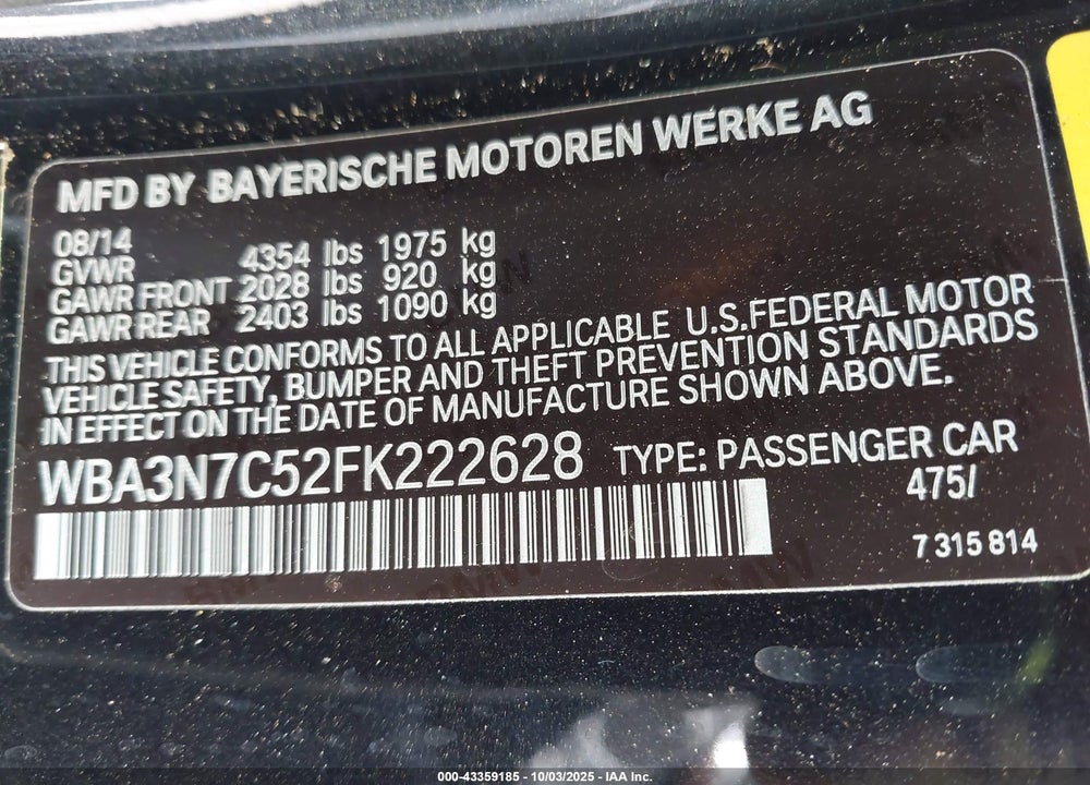 2015 BMW 428I VIN: WBA3N7C52FK222628