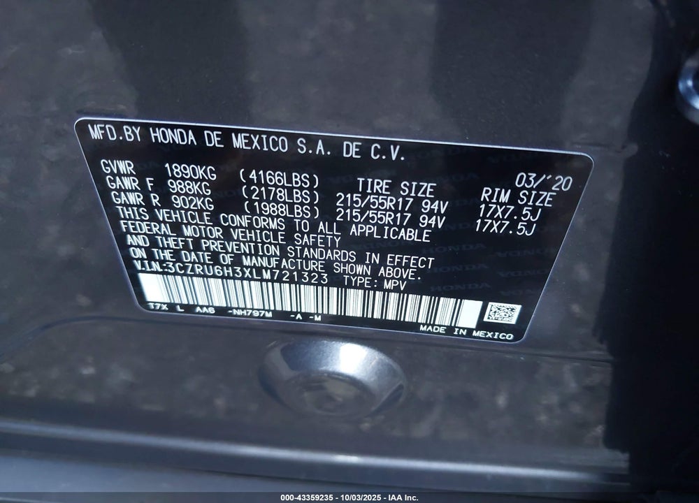 2020 HONDA HR-V VIN: 3CZRU6H3XLM721323