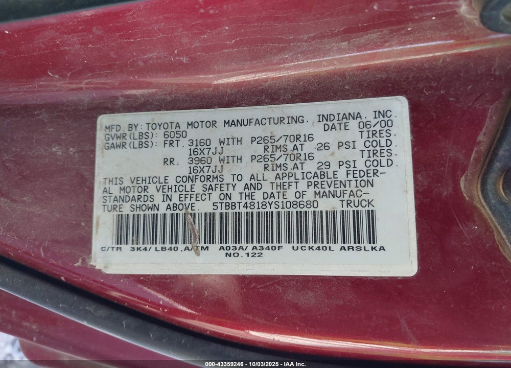 2000 TOYOTA TUNDRA LTD V8 VIN: 5TBBT4818YS108680