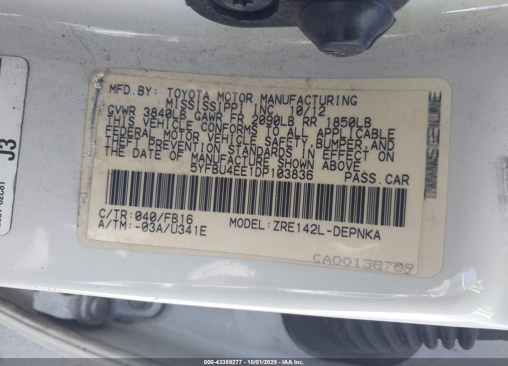 2013 TOYOTA COROLLA VIN: 5YFBU4EE1DP103836