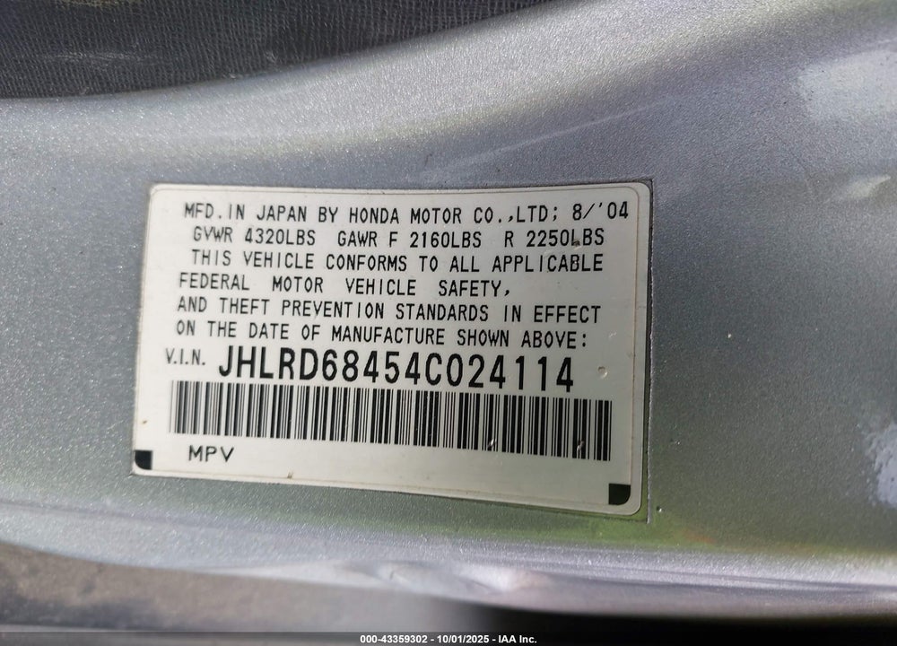 2004 HONDA CR-V LX VIN: JHLRD68454C024114