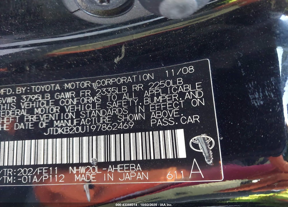 2009 TOYOTA PRIUS VIN: JTDKB20U197862469