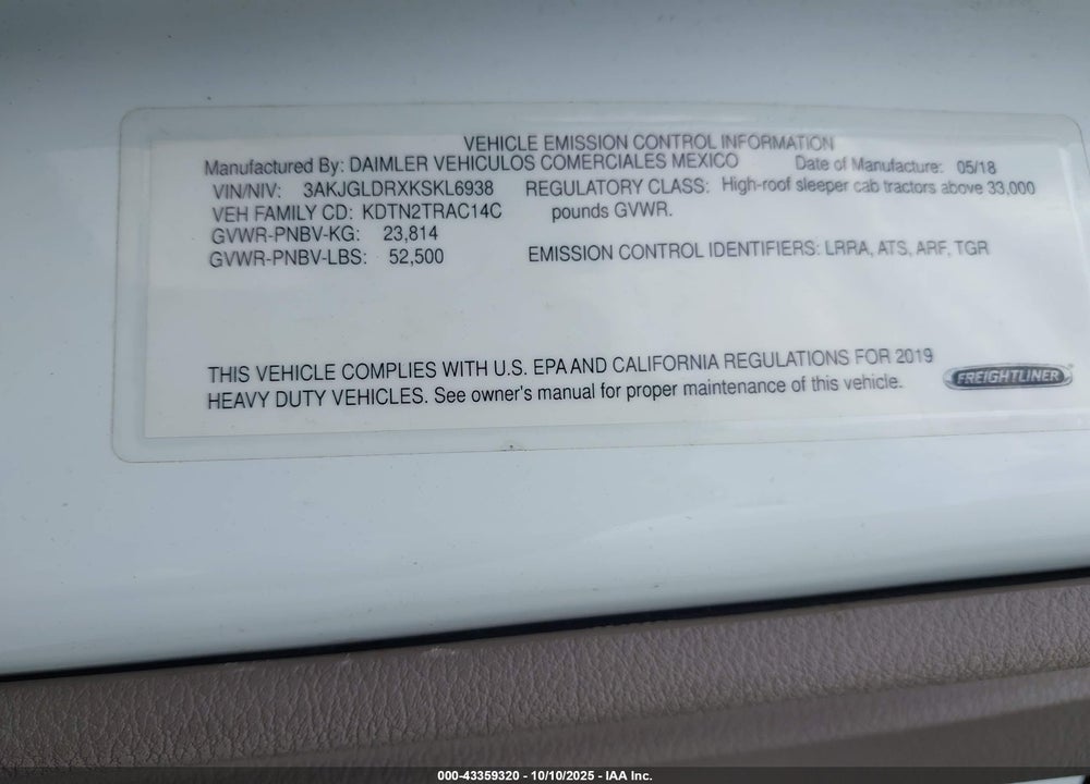 2019 FREIGHTLINER CASCADIA 125 VIN: 3AKJGLDRXKSKL6938