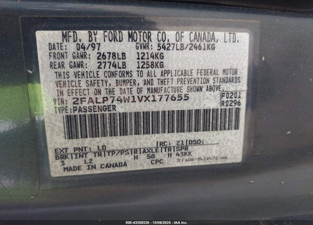 1997 FORD CROWN VICTORIA LX VIN: 2FALP74W1VX177655