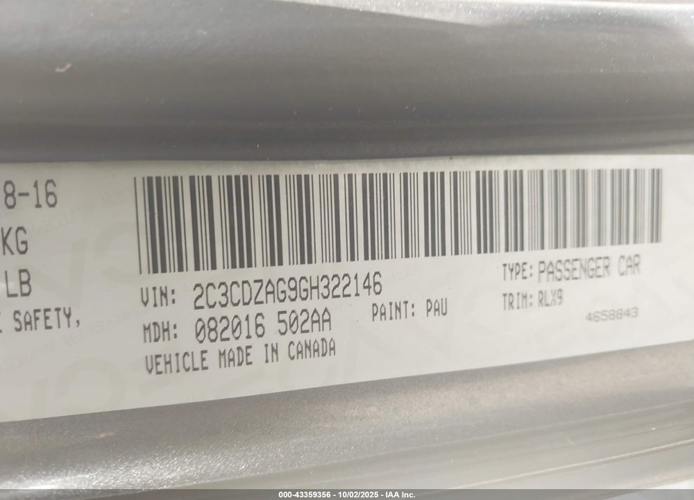 2016 DODGE CHALLENGER VIN: 2C3CDZAG9GH322146