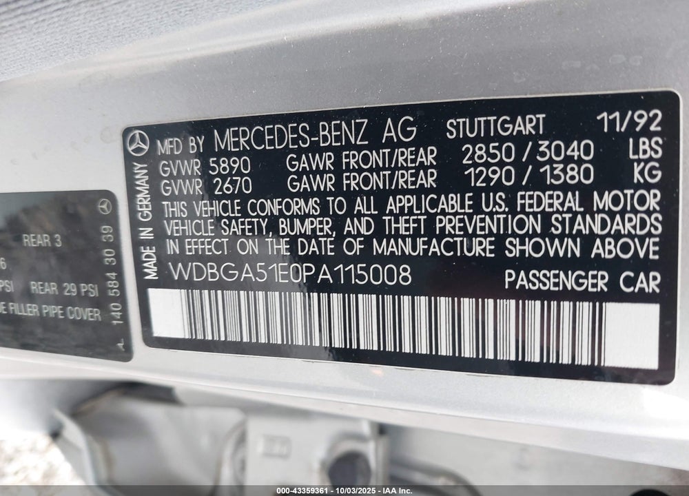 1993 MERCEDES-BENZ 500 VIN: WDBGA51E0PA115008