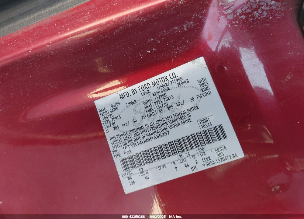 2006 RANGER FORD  SPORT/STX/XL/XLT VIN: 1FTYR14U46PA85257