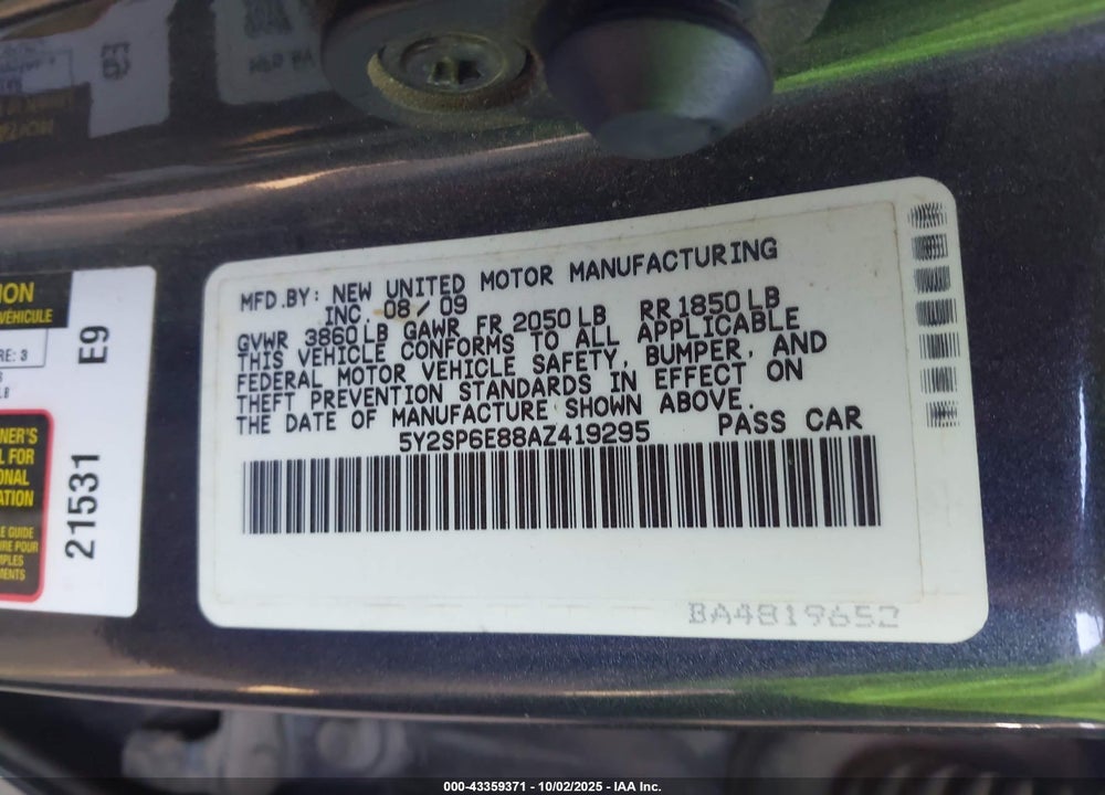 2010 PONTIAC VIBE VIN: 5Y2SP6E88AZ419295