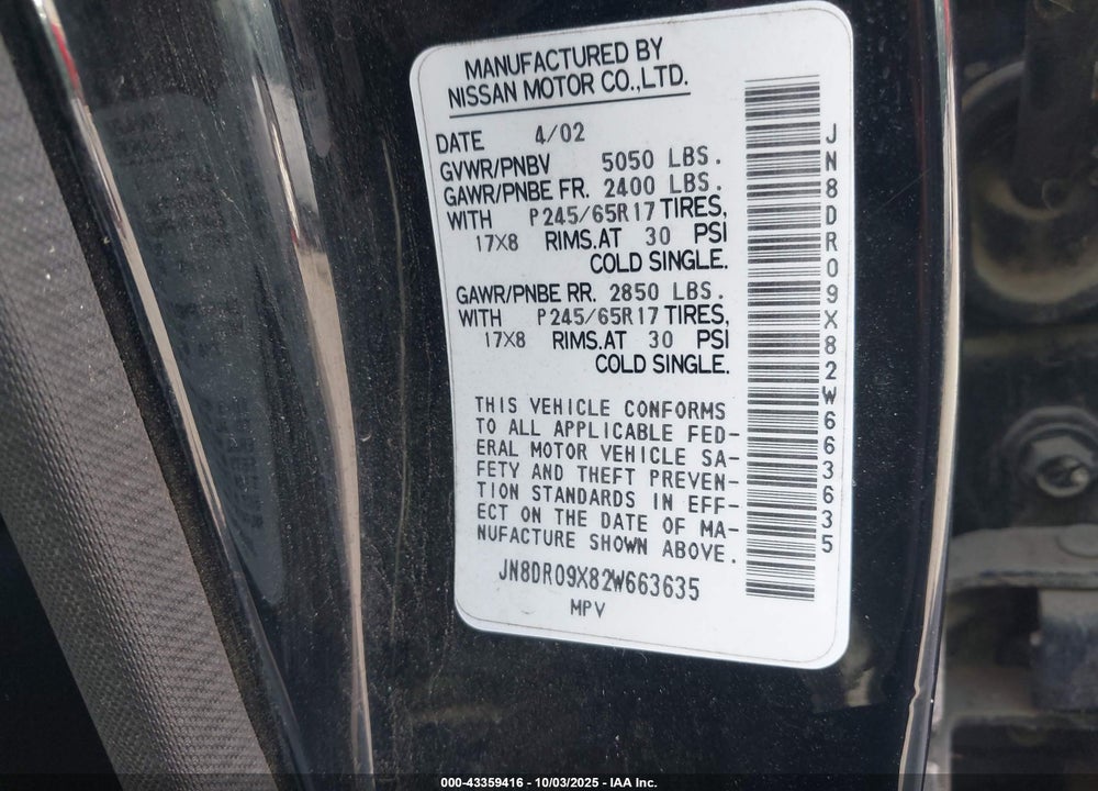2002 NISSAN PATHFINDER LE VIN: JN8DR09X82W663635