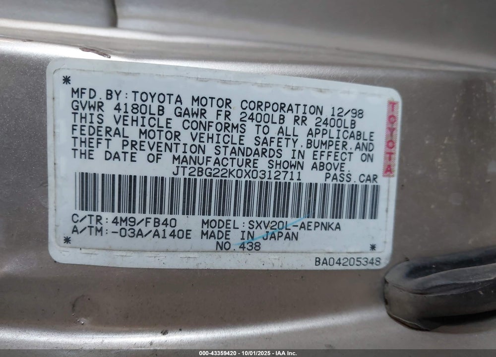 1999 TOYOTA CAMRY LE VIN: JT2BG22K0X0312711