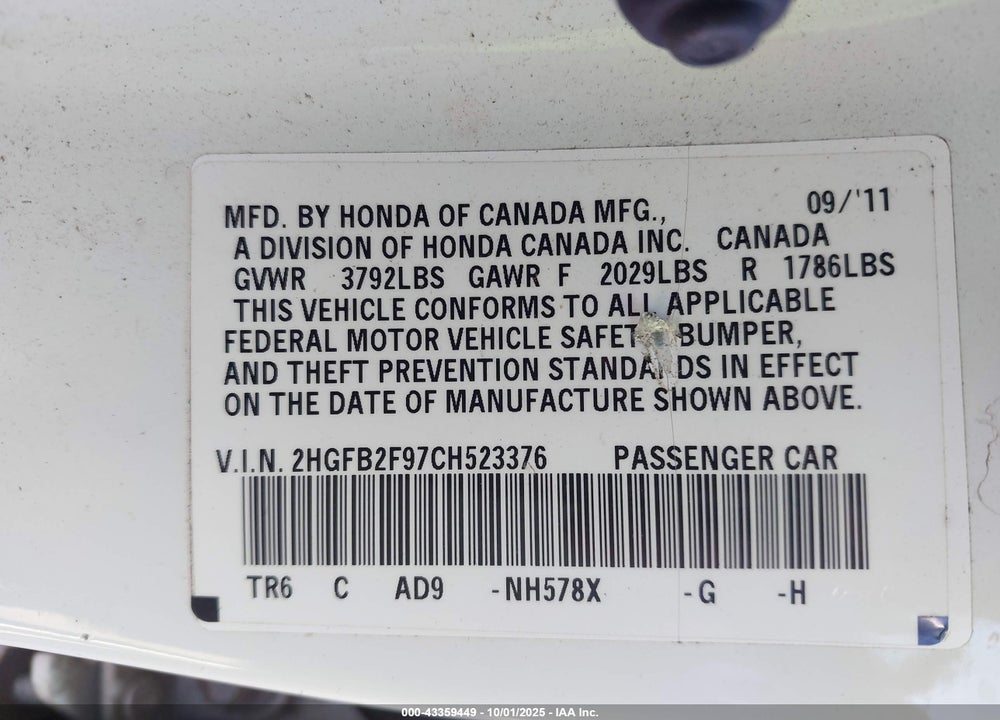 2012 HONDA CIVIC EX-L VIN: 2HGFB2F97CH523376