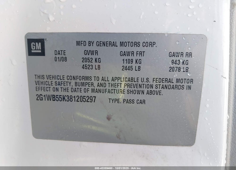 2008 CHEVROLET IMPALA VIN: 2G1WB55K381205297