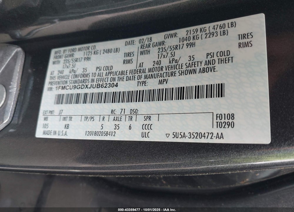 2018 FORD ESCAPE VIN: 1FMCU9GDXJUB62304