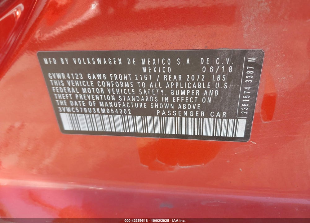 2019 VOLKSWAGEN JETTA 1.4T R-LINE/1.4T S/1.4T SE VIN: 3VWC57BU3KM054302
