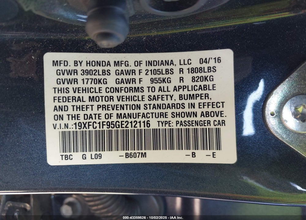 2016 HONDA CIVIC TOURING VIN: 19XFC1F95GE212116