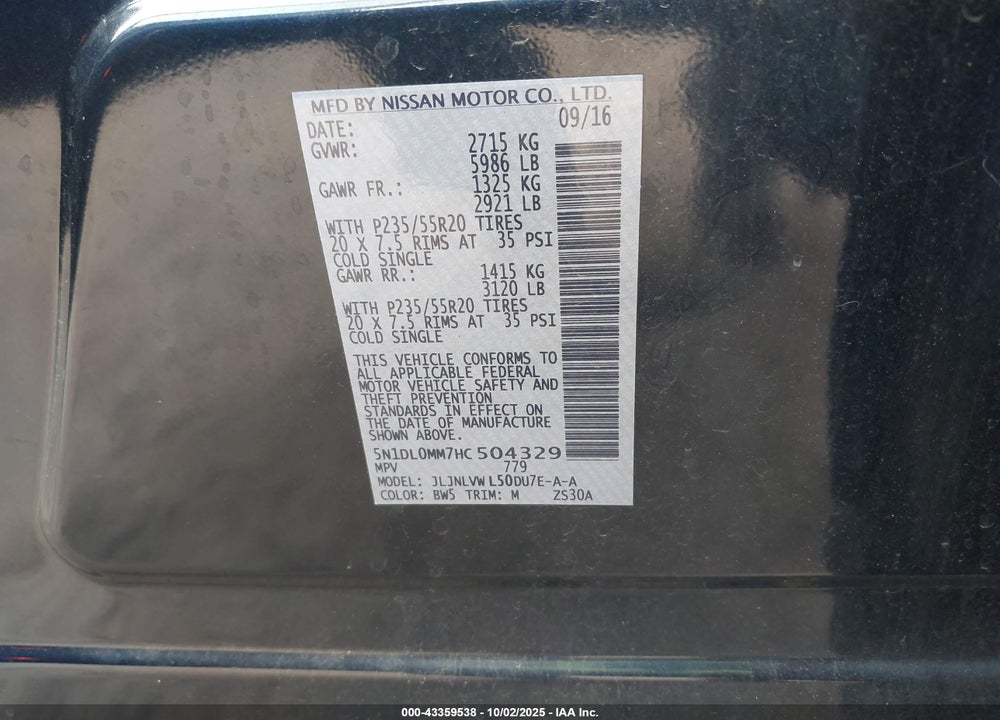 2017 INFINITI QX60 VIN: 5N1DL0MM7HC504329