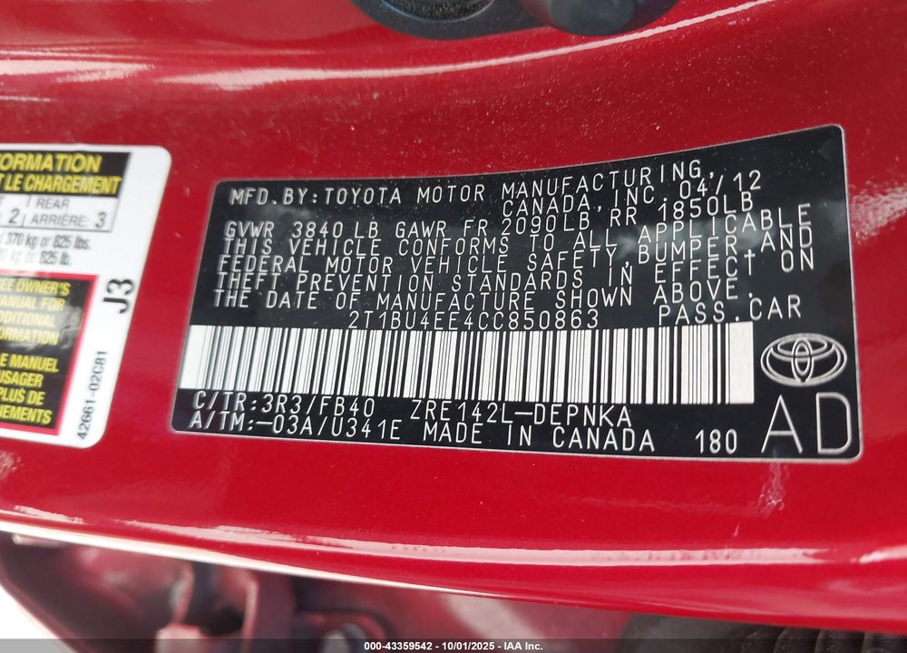 2012 TOYOTA COROLLA VIN: 2T1BU4EE4CC850863
