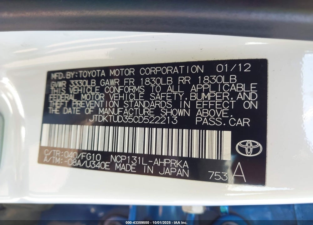 2012 TOYOTA YARIS LE VIN: JTDKTUD35CD522213