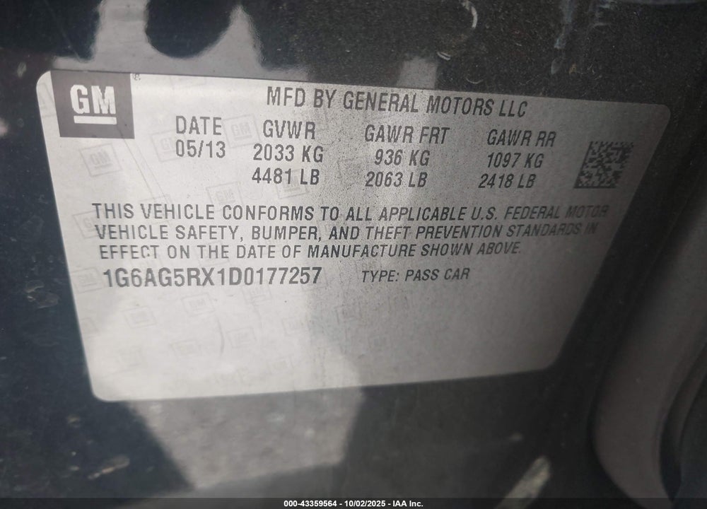 2013 CADILLAC ATS VIN: 1G6AG5RX1D0177257
