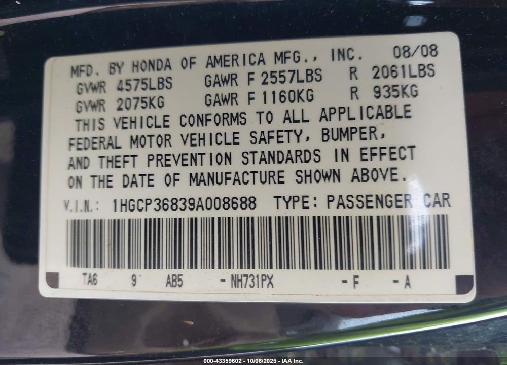 2009 HONDA ACCORD VIN: 1HGCP36839A008688