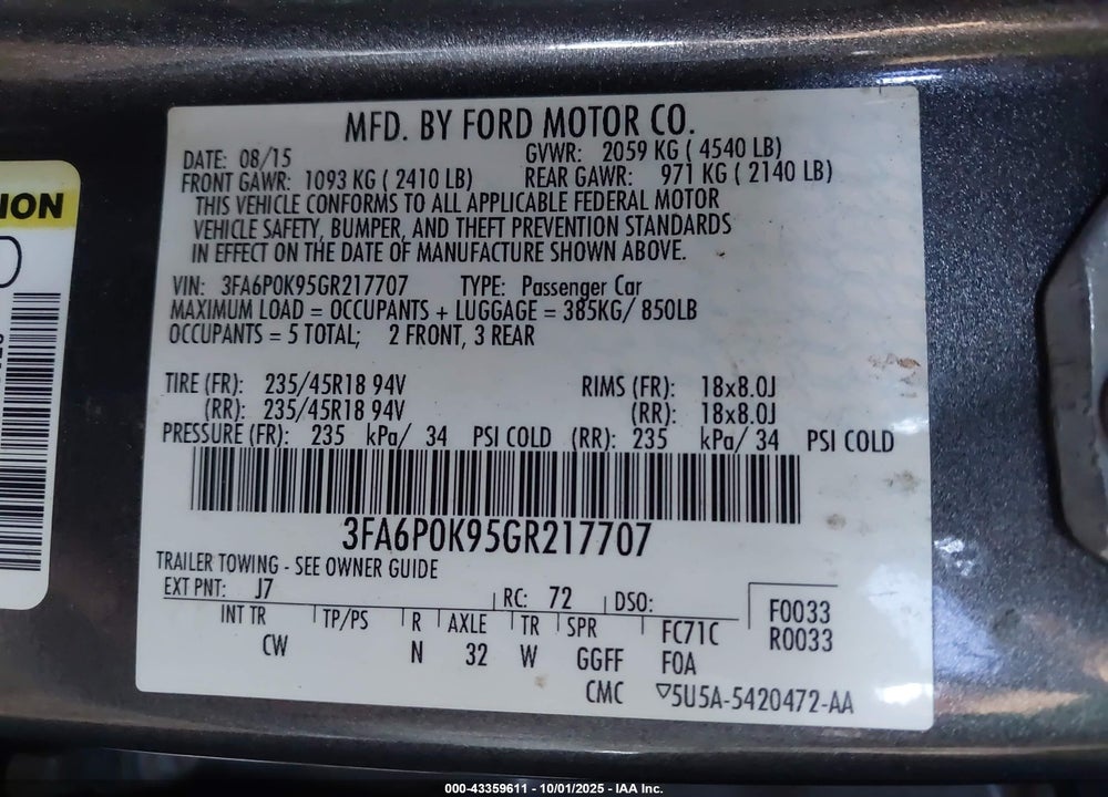 2016 FORD FUSION VIN: 3FA6P0K95GR217707