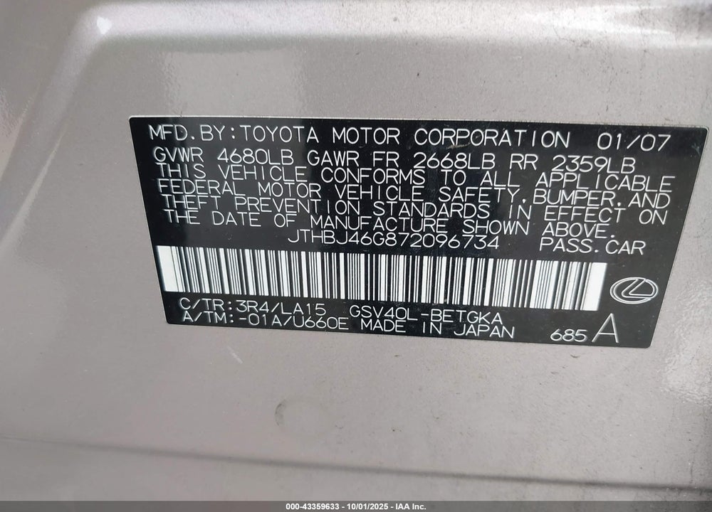 2007 LEXUS ES 350 VIN: JTHBJ46G872096734