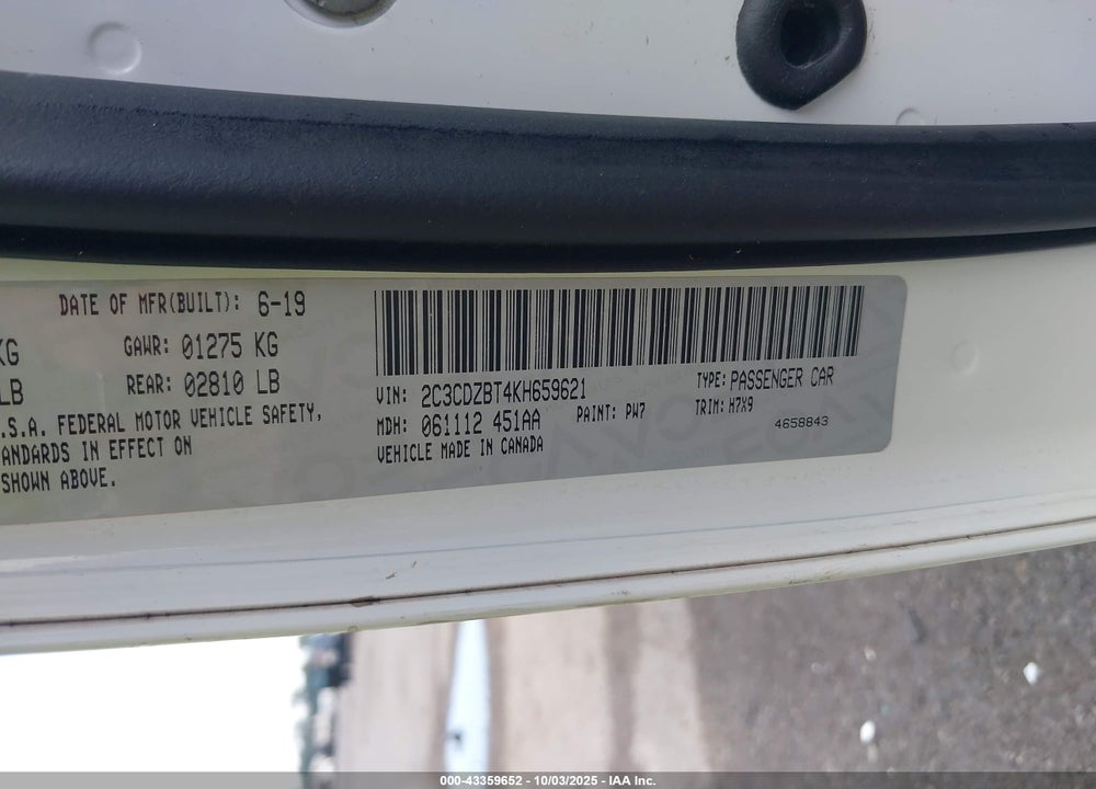2019 DODGE CHALLENGER VIN: 2C3CDZBT4KH659621