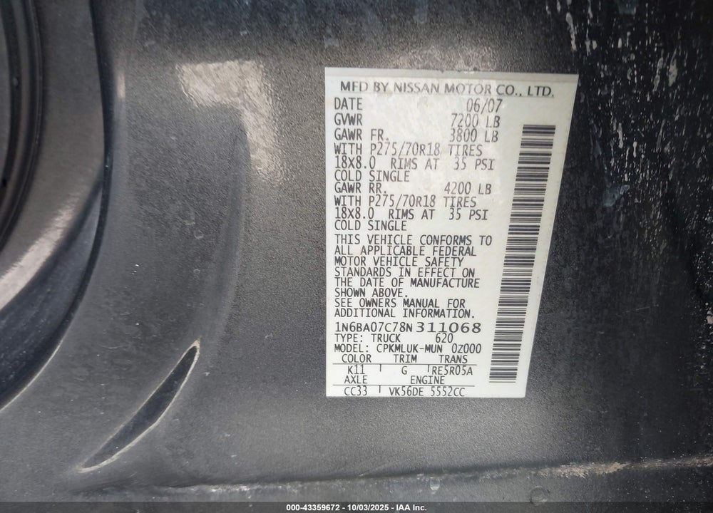 2008 NISSAN TITAN PRO-4X VIN: 1N6BA07C78N311068