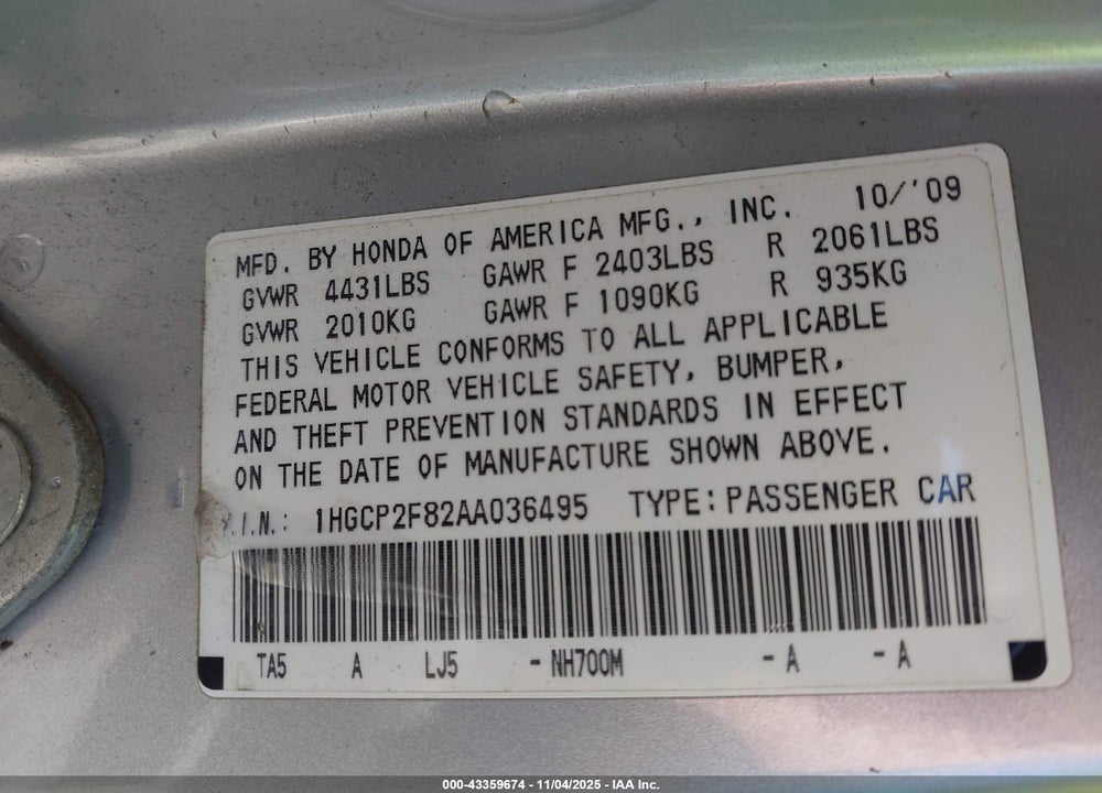 2010 HONDA ACCORD 2.4 EX-L VIN: 1HGCP2F82AA036495
