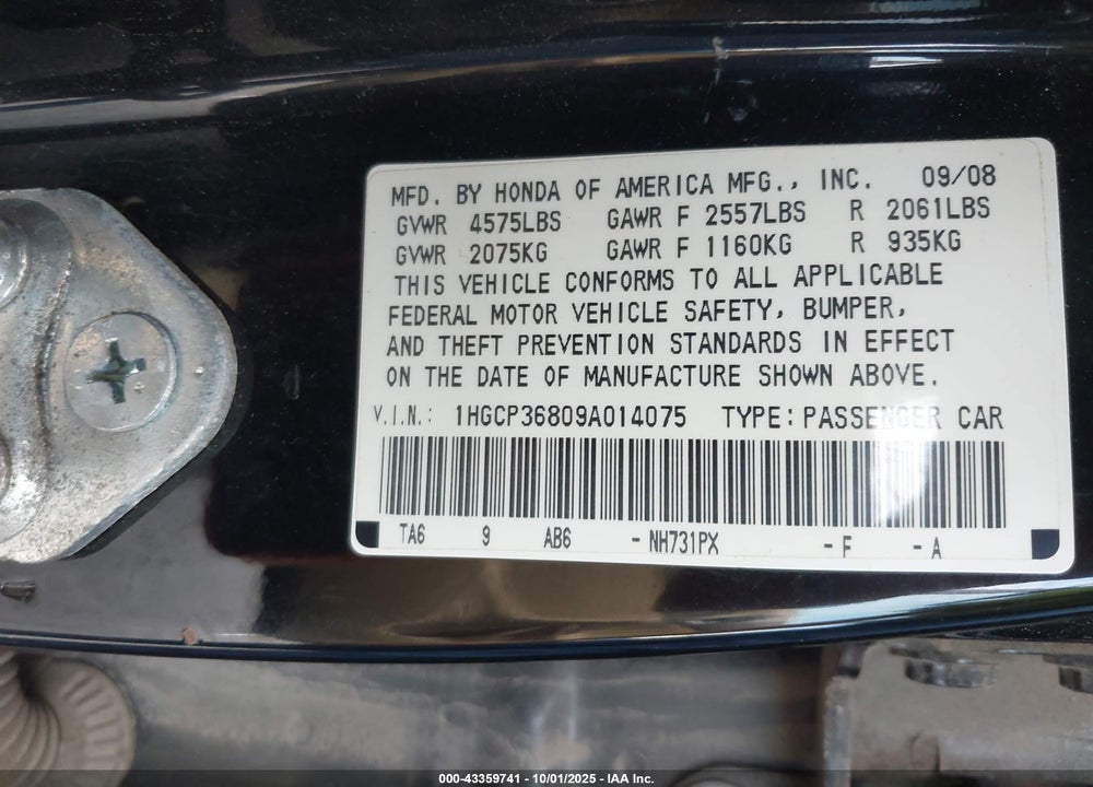2009 HONDA ACCORD VIN: 1HGCP36809A014075
