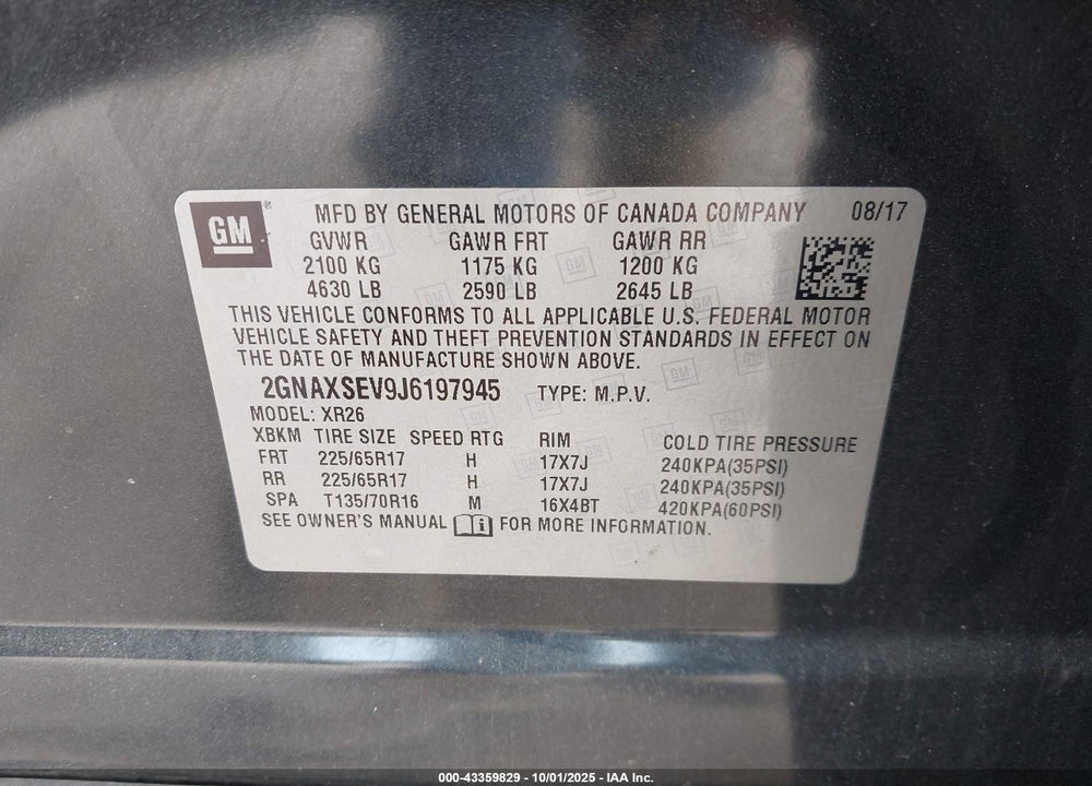 2018 CHEVROLET EQUINOX LT VIN: 2GNAXSEV9J6197945