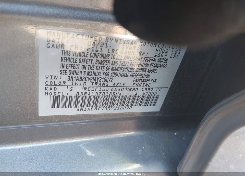 2021 NISSAN SENTRA VIN: 3N1AB8CV9MY318072