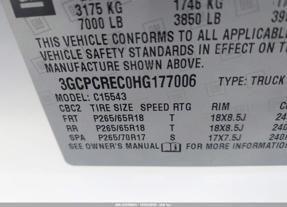2017 CHEVROLET SILVERADO 1500 1LT VIN: 3GCPCREC0HG177006