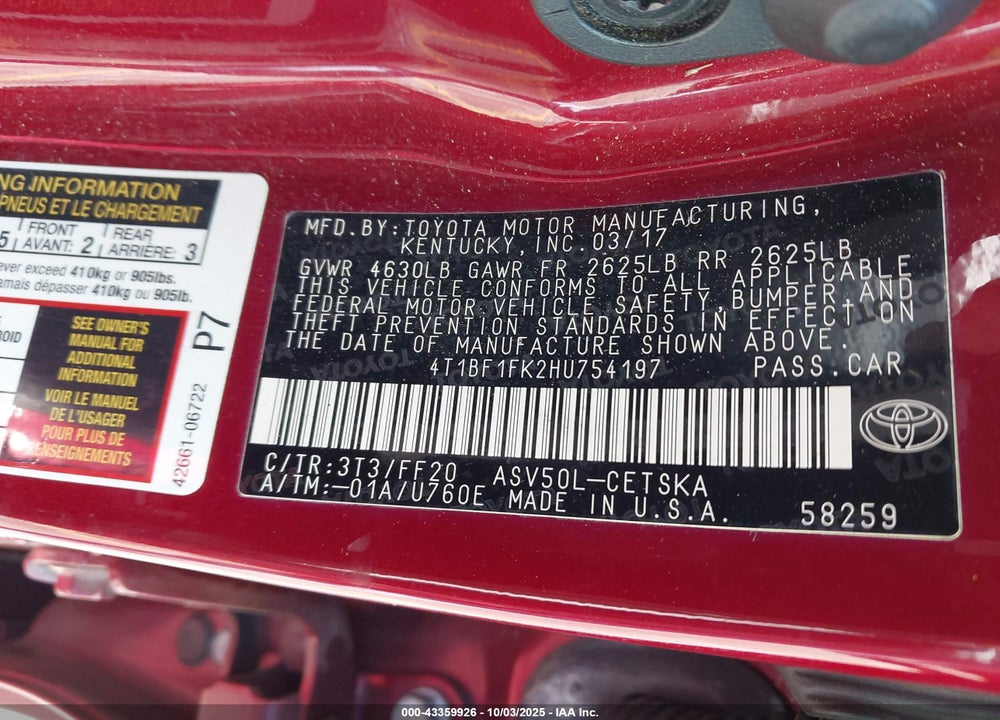 2017 TOYOTA CAMRY VIN: 4T1BF1FK2HU754197