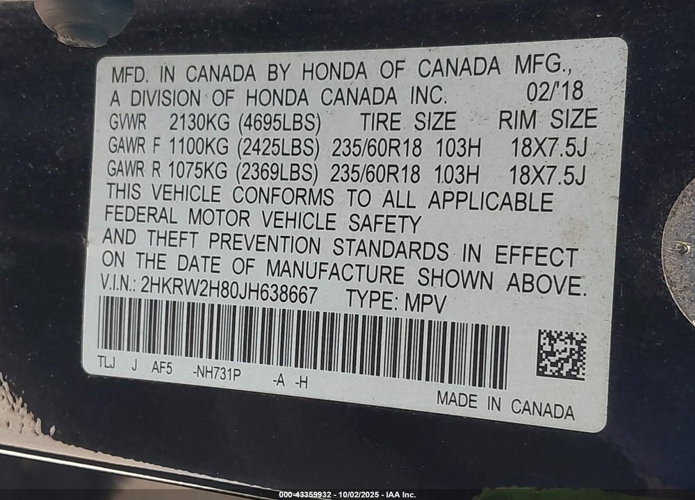 2018 HONDA CR-V EX-L/EX-L NAVI VIN: 2HKRW2H80JH638667
