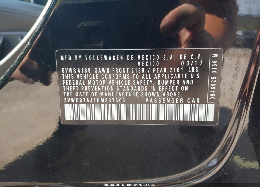 2017 VOLKSWAGEN JETTA VIN: 3VWDB7AJ1HM337505