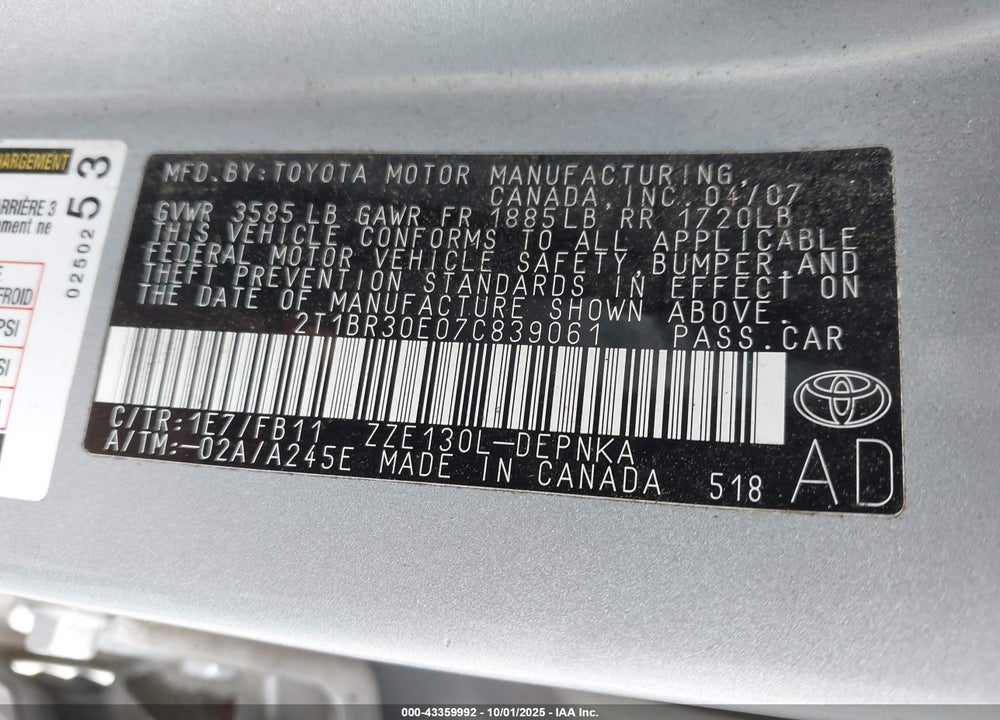 2007 TOYOTA COROLLA LE VIN: 2T1BR30E07C839061
