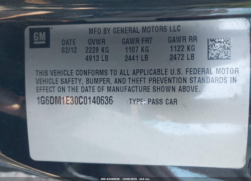 2012 CADILLAC CTS VIN: 1G6DM1E30C0140636
