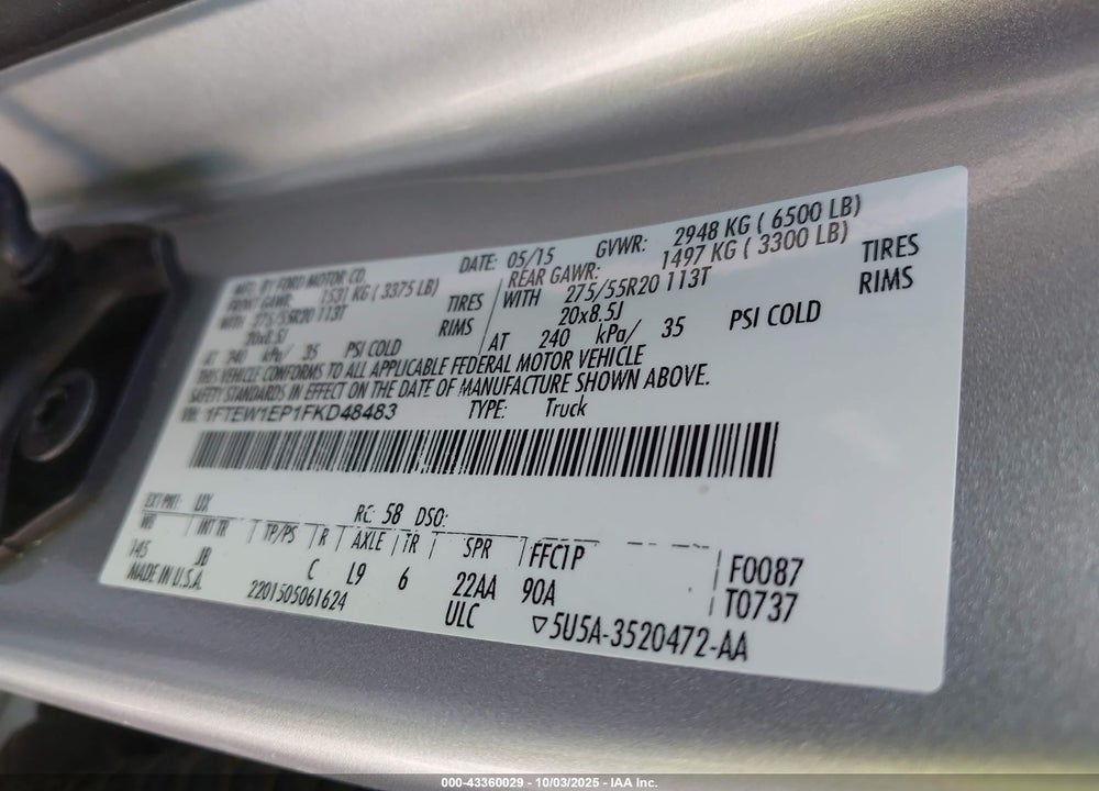 2015 FORD F-150 VIN: 1FTEW1EP1FKD48483