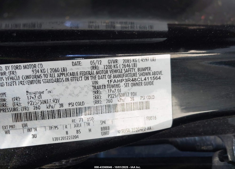 2012 FORD FOCUS ELECTRIC VIN: 1FAHP3R48CL411564