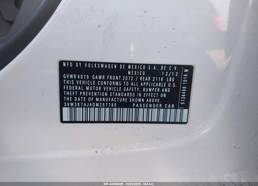 2013 VOLKSWAGEN JETTA S VIN: 3VW2K7AJ4DM257780
