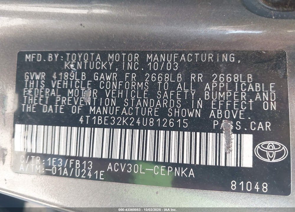 2004 TOYOTA CAMRY LE VIN: 4T1BE32K24U812615
