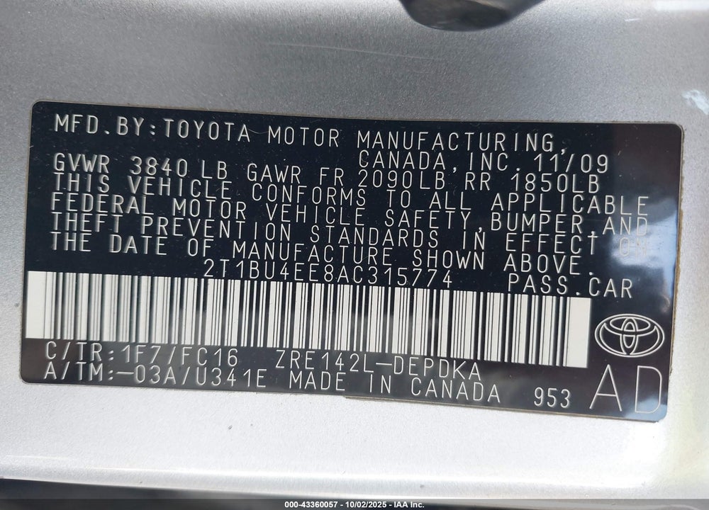 2010 TOYOTA COROLLA LE VIN: 2T1BU4EE8AC315774