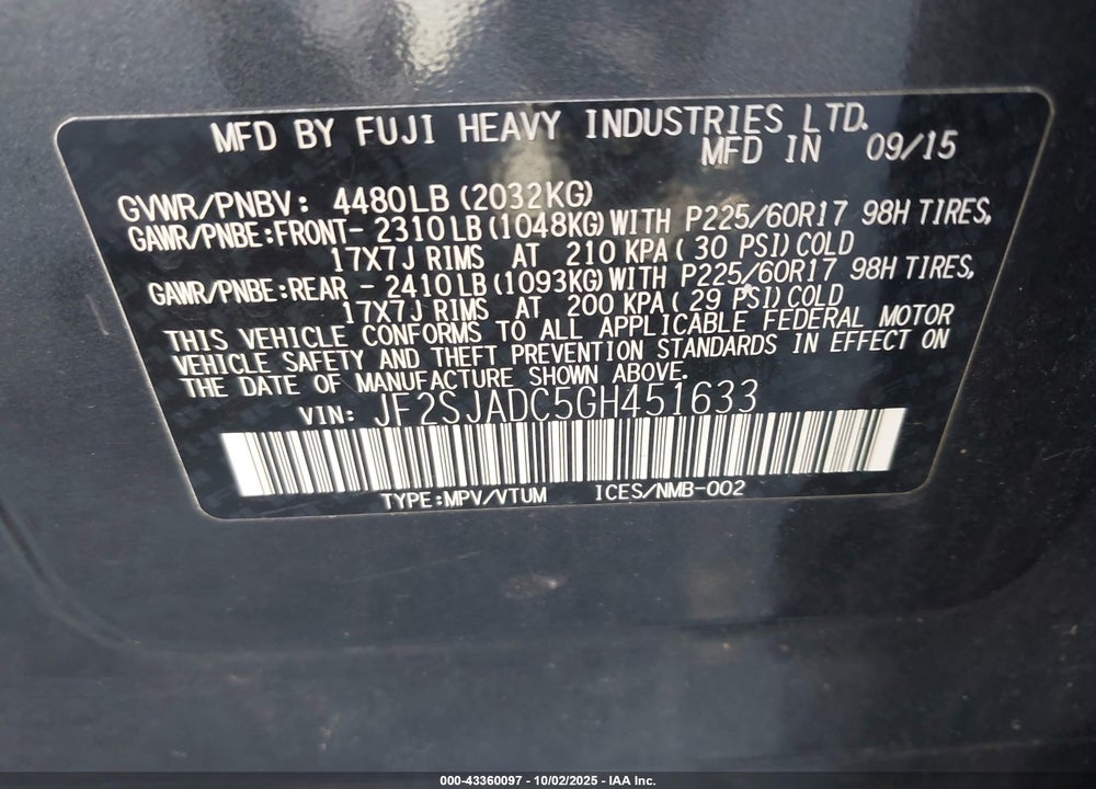2016 SUBARU FORESTER VIN: JF2SJADC5GH451633