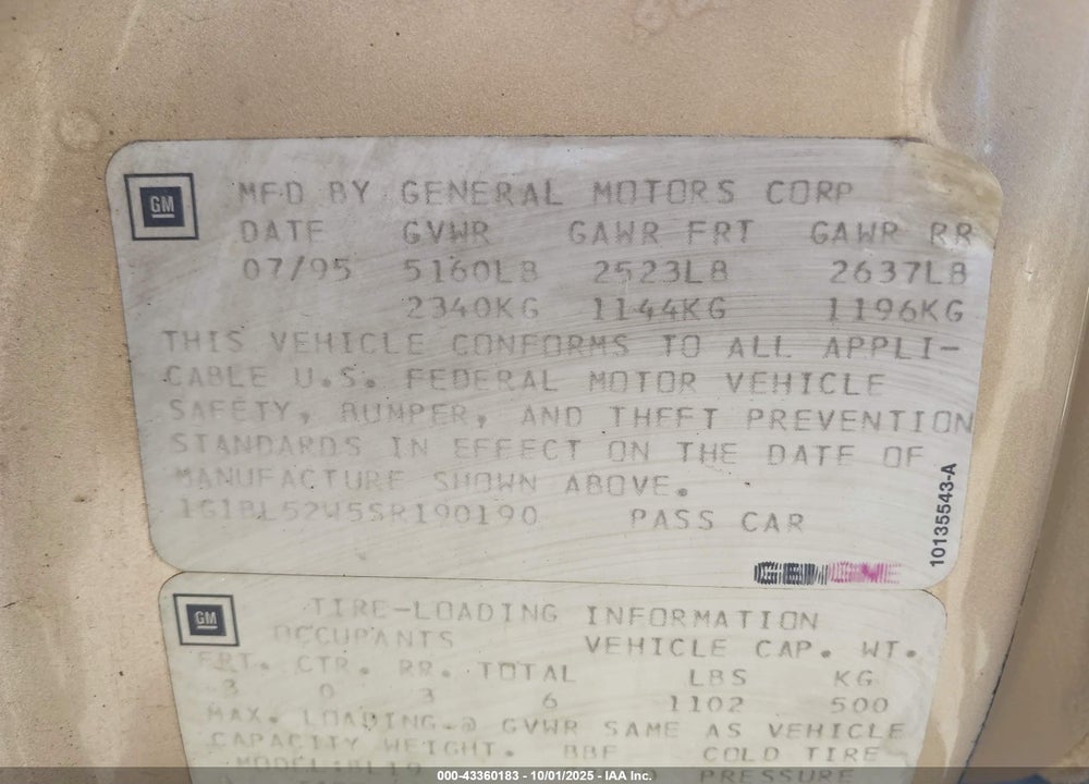 1995 CHEVROLET CAPRICE CLASSIC VIN: 1G1BL52W5SR190190