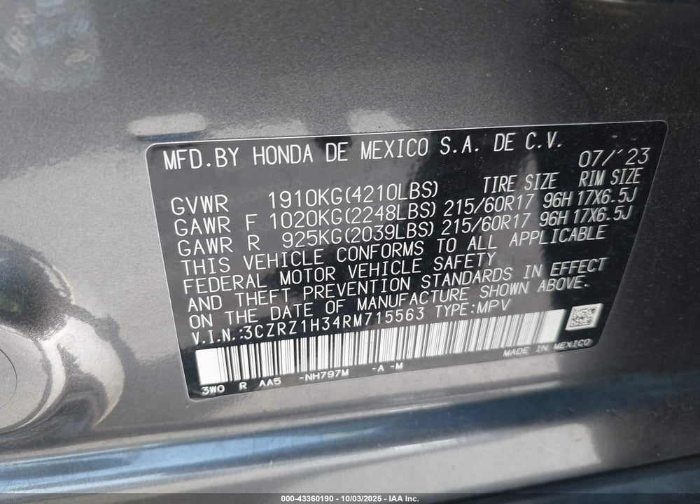 2024 HONDA HR-V 2WD LX VIN: 3CZRZ1H34RM715563