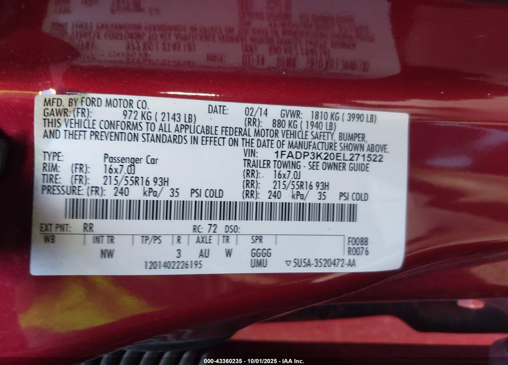 2014 FORD FOCUS VIN: 1FADP3K20EL271522